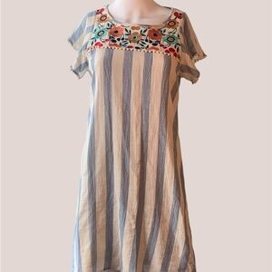 Adorable THML Size Medium Striped Dress with Floral Embroidery